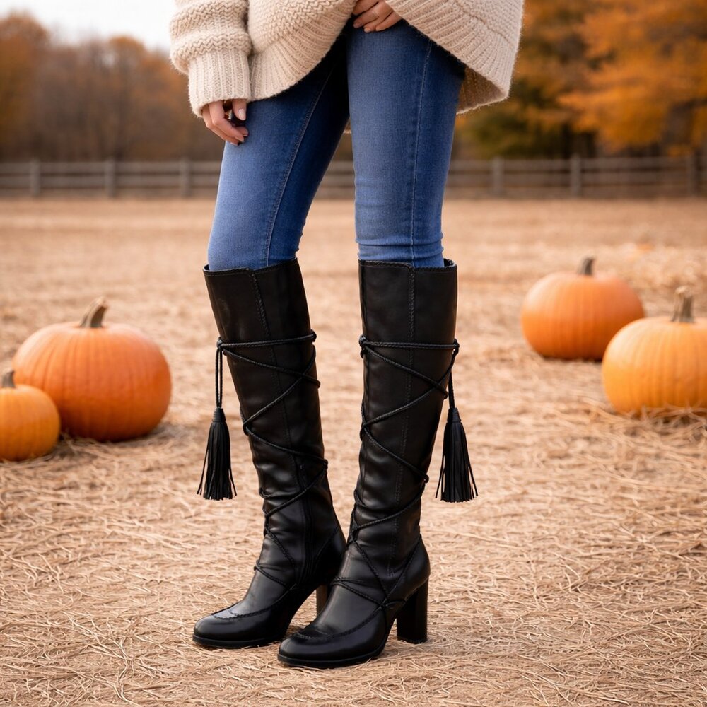 Ulla Johnson Atlas Moccasin Raven Black Bohemian Wrap Braided Knee Boots 5
